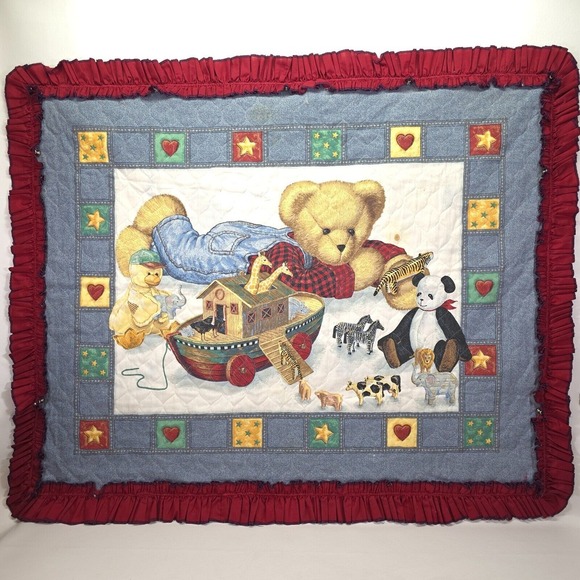 VTG Noahs‎ Ark Baby Blanket 46x38 Handsewn Ruffles Pleats Cozy Heritage Heirloom - Picture 1 of 16